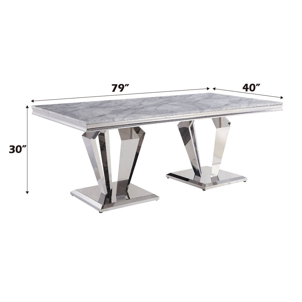 Satinka - Dining Table - Light Gray Printed Faux Marble Top & Mirrored Silver