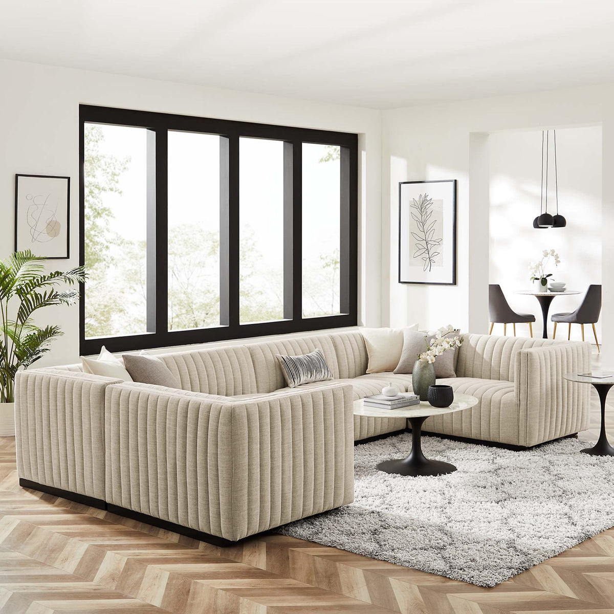 Conjure 6-Piece Channel Tufted Upholstered Fabric U-Shaped Sectional - Black Beige