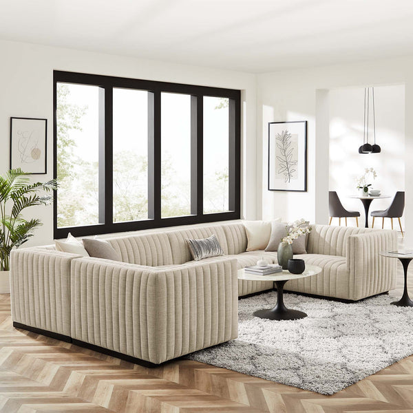 Conjure 6-Piece Channel Tufted Upholstered Fabric U-Shaped Sectional - Black Beige