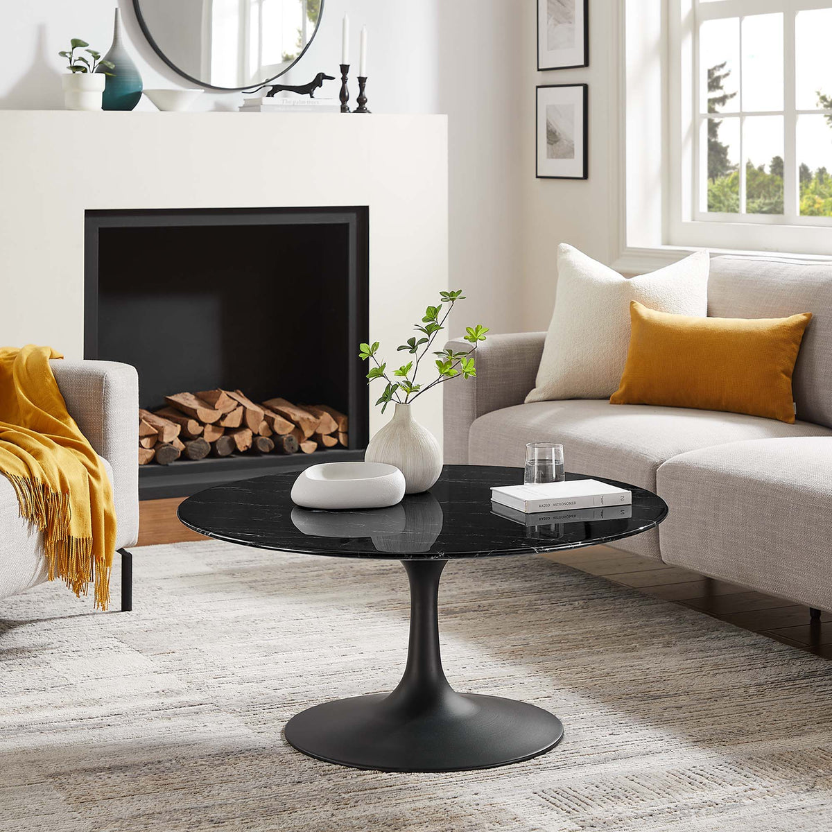 Lippa Round Artificial Marble Coffee Table - 36", Black Black