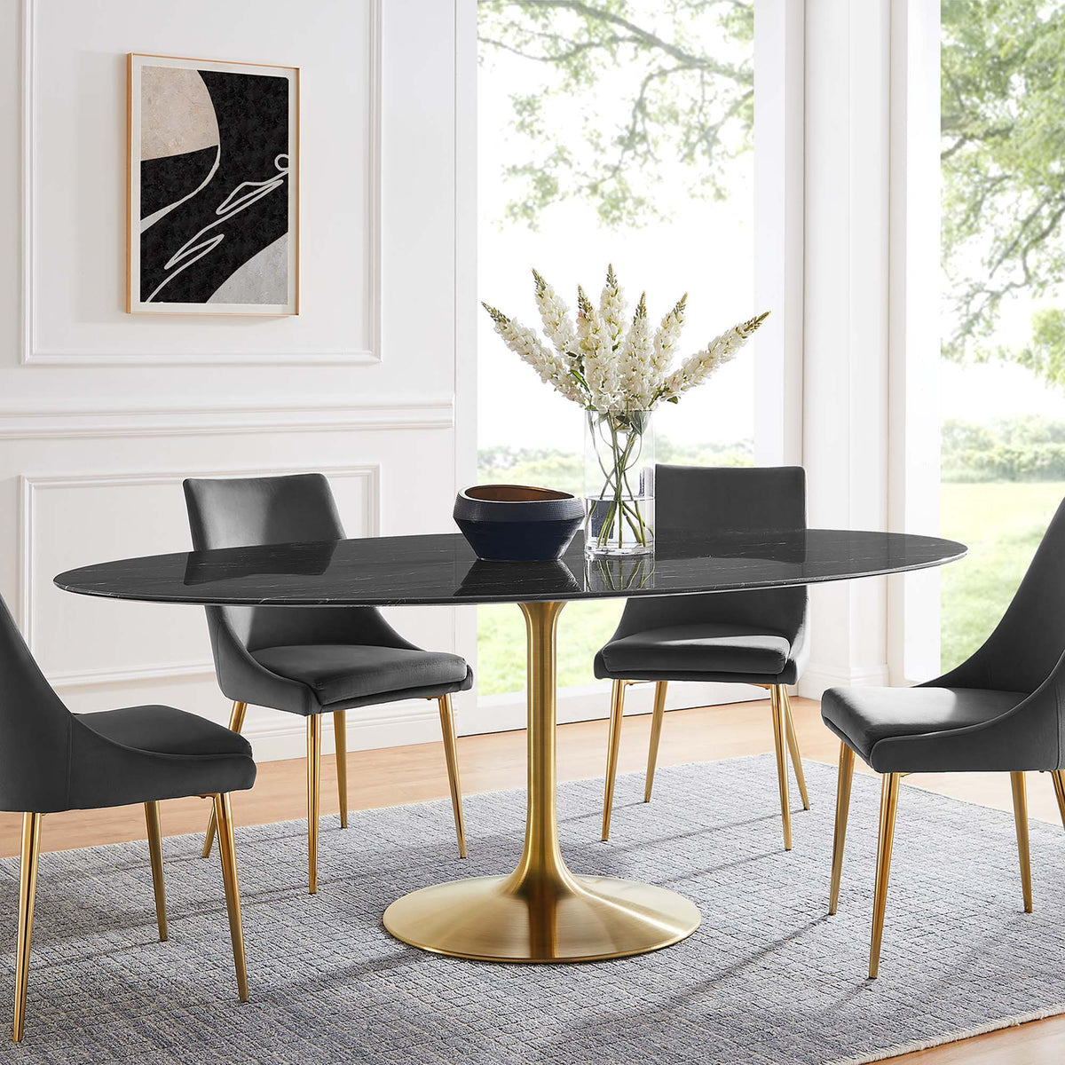 Lippa Oval Artificial Marble Dining Table - 78", Gold Black