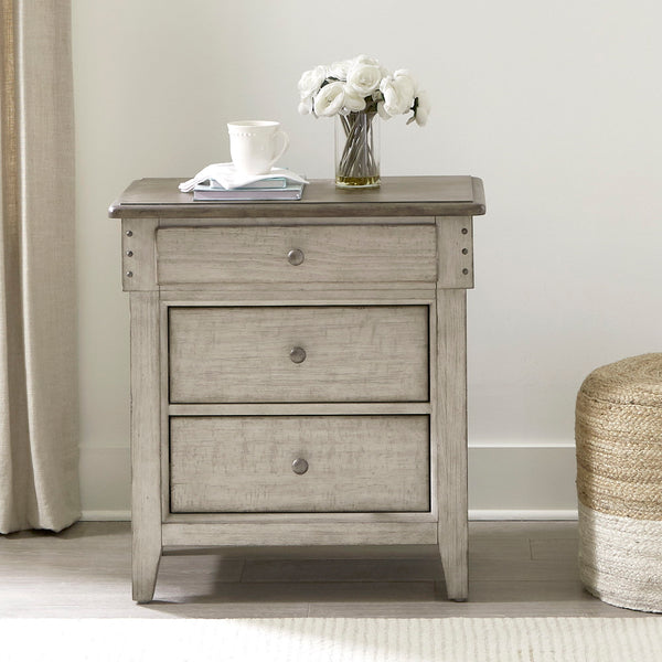 Ivy Hollow - 3 Drawer Nightstand With Charging Station - Weathered Linen / Dusty Taupe