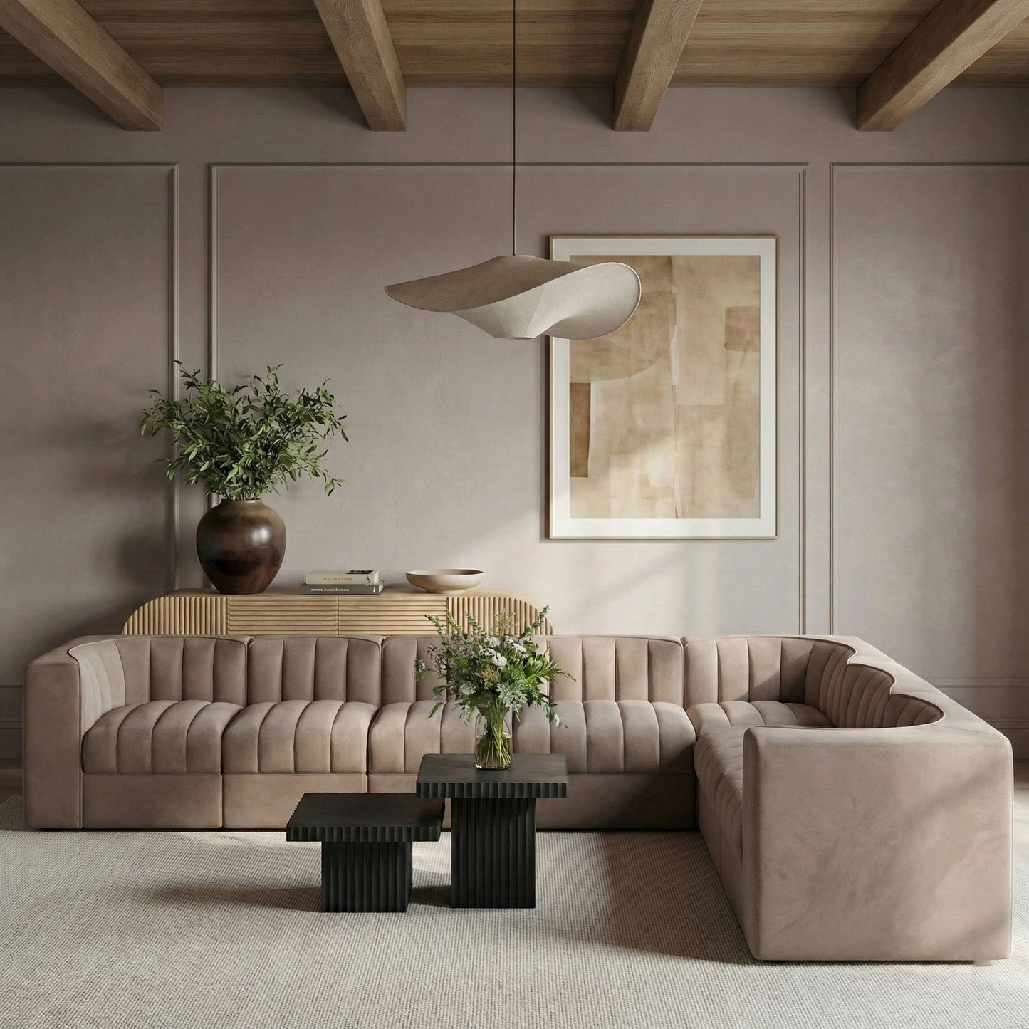 Rummi - Velvet Performance Fabric Upholstered 7 Piece Modular Sectional (With 3 Corner Chairs)