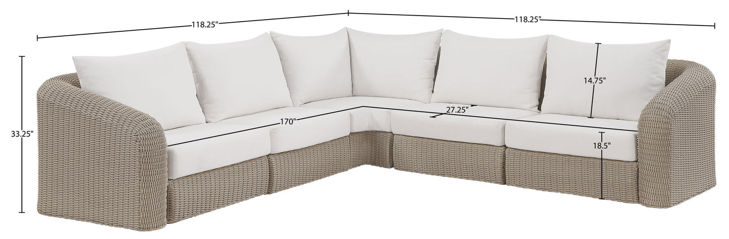 Seacrest - 123.25" Olefin Water Resistant Fabric And Wicker 5 Piece Outdoor Patio Modular Sectional