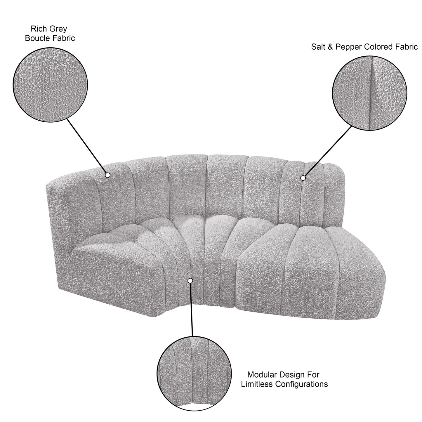 Arc - Boucle Fabric 3 Piece Modular L-Shaped Sofa