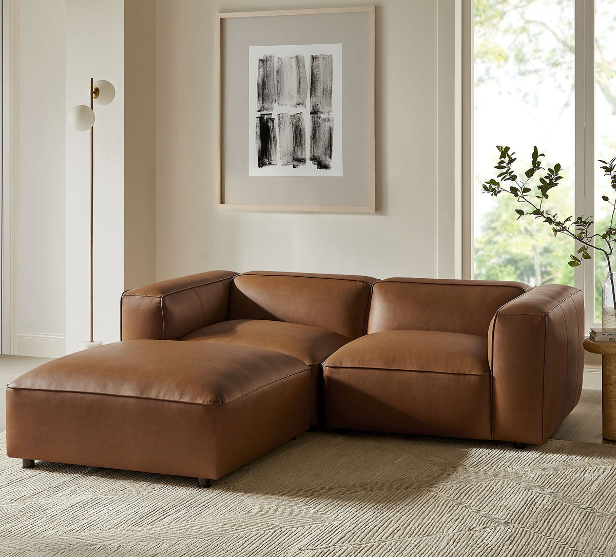 Auren 3-Piece Upholstered Vegan Leather Modular Loveseat with Ottoman - Coffee