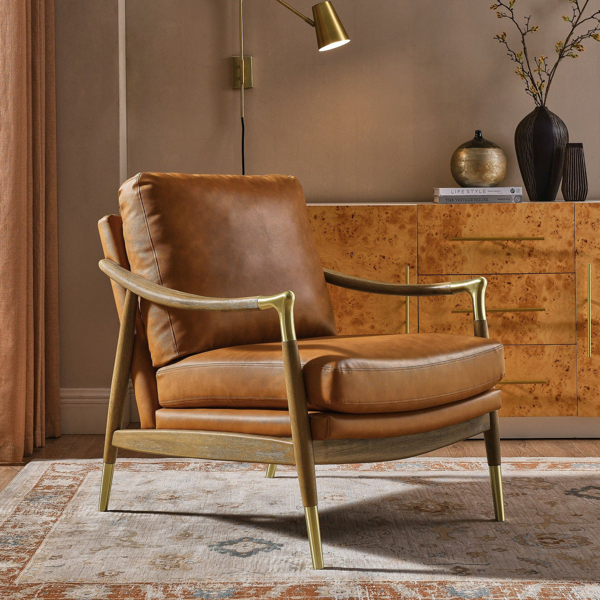 Langford Vegan Leather Accent Armchair - Tan Walnut