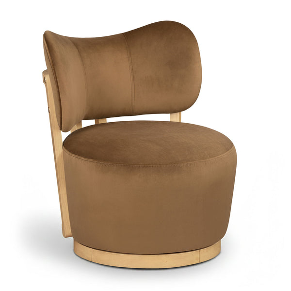 Elara - Velvet Upholstered Swivel Accent Chair - Saddle / Stained Natural