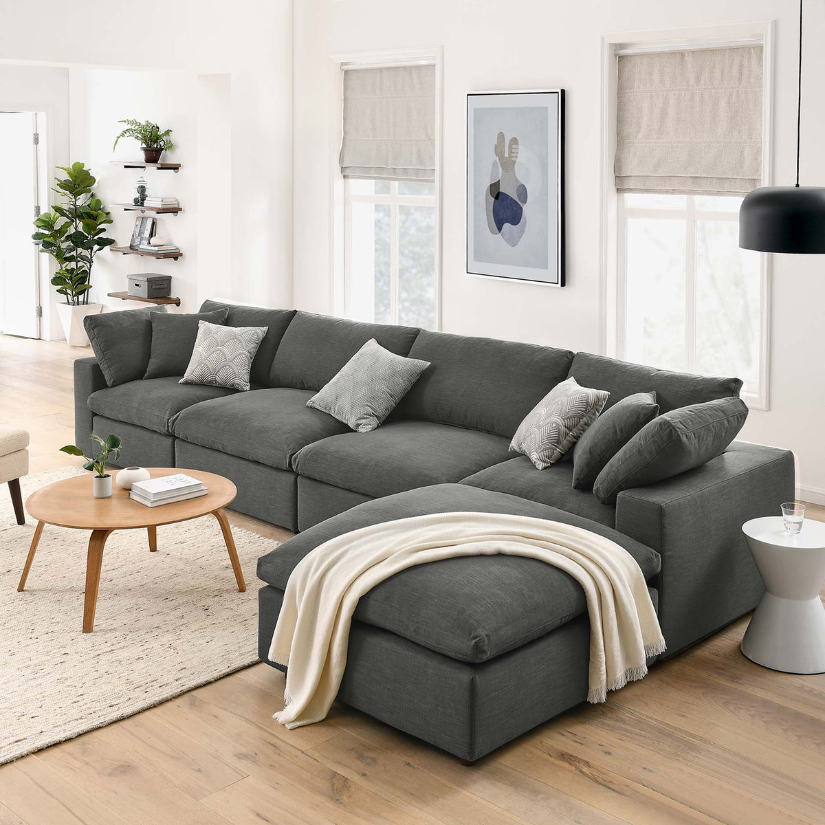 Commix 5 Piece Down Filled Overstuffed Sectional Sofa Set - Gray