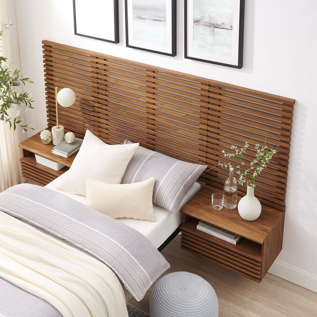 Render Wall Mount Headboard and Modern Nightstands - Twin, Walnut