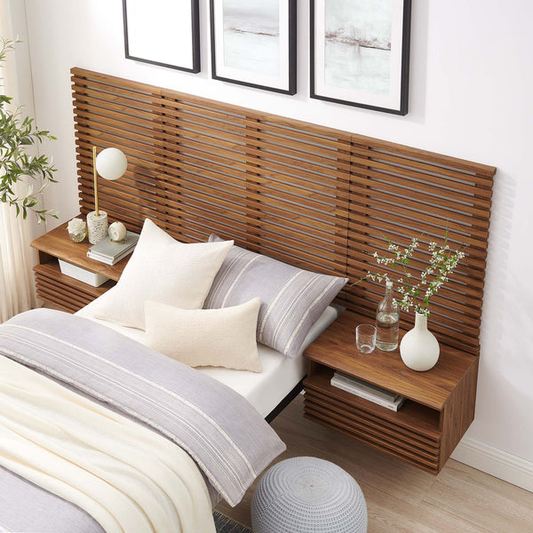 Render Wall Mount Headboard and Modern Nightstands - Twin, Walnut