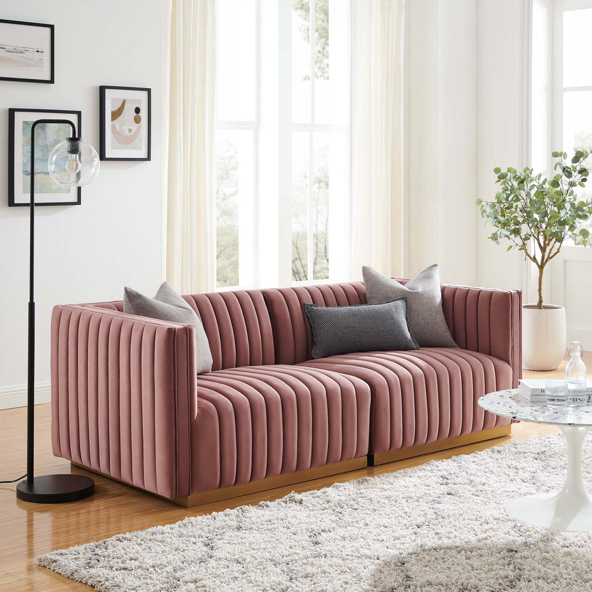 Conjure Channel Tufted Performance Velvet Loveseat - Gold Dusty Rose