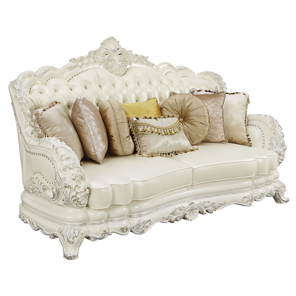 Adara - Sofa With 7 Pillows - Pearl White Synthetic Leather & Antique White