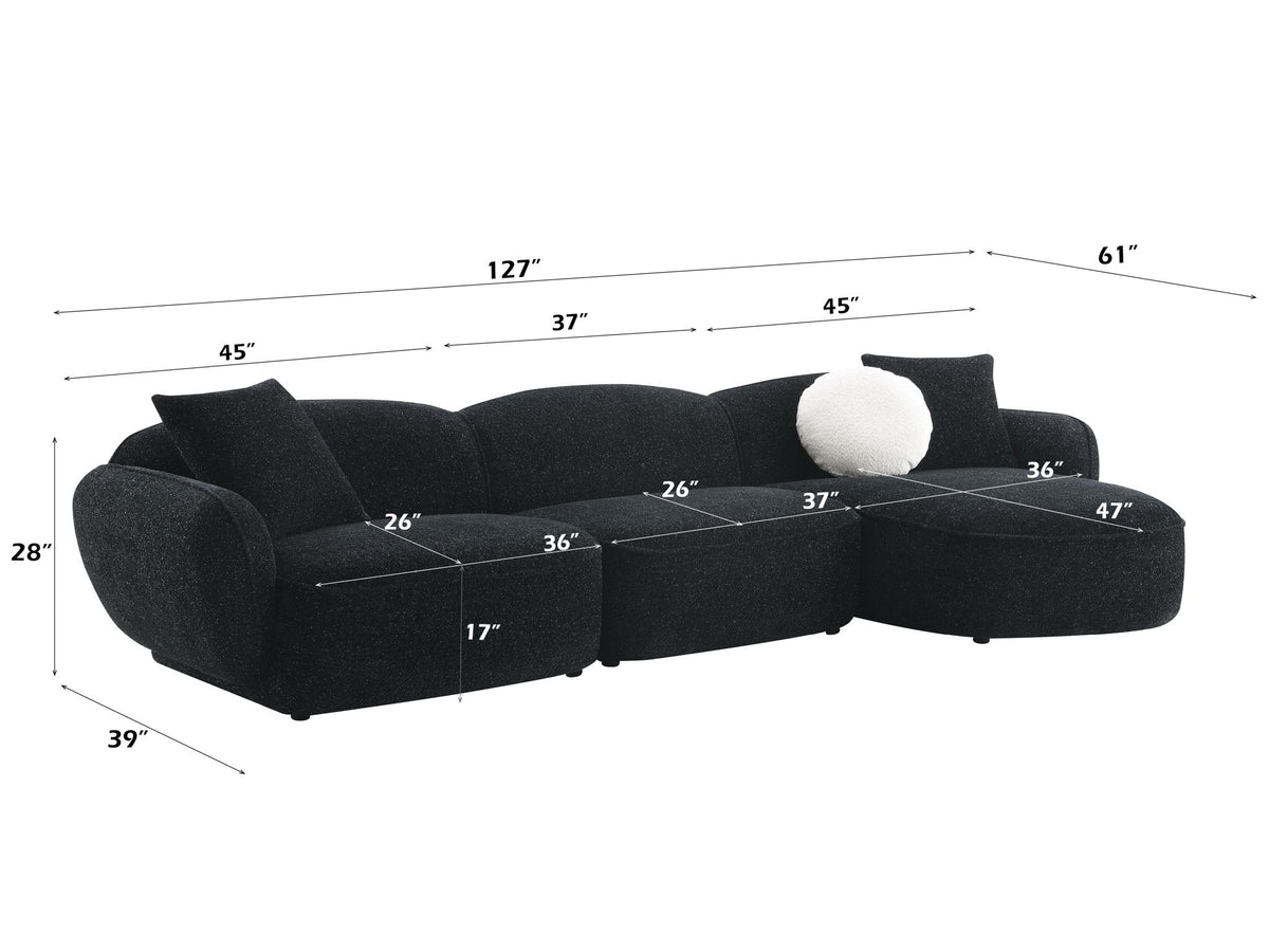Lucifer - Sectional Sofa With 3 Pillows - Black Shimmer Chenille