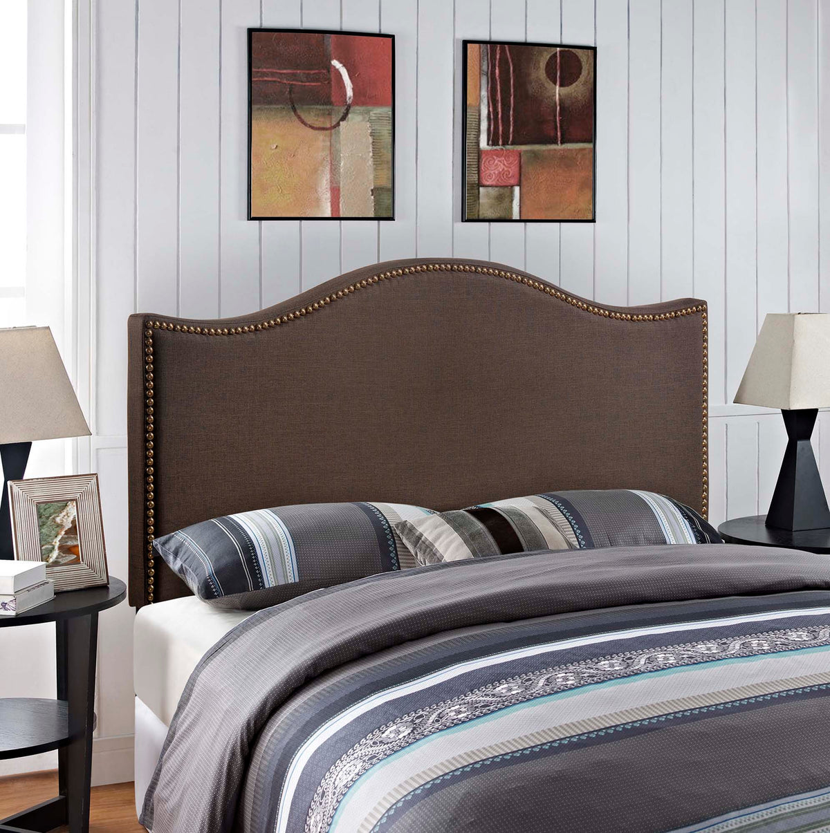 Curl Nailhead Upholstered Headboard - Queen, Dark Brown