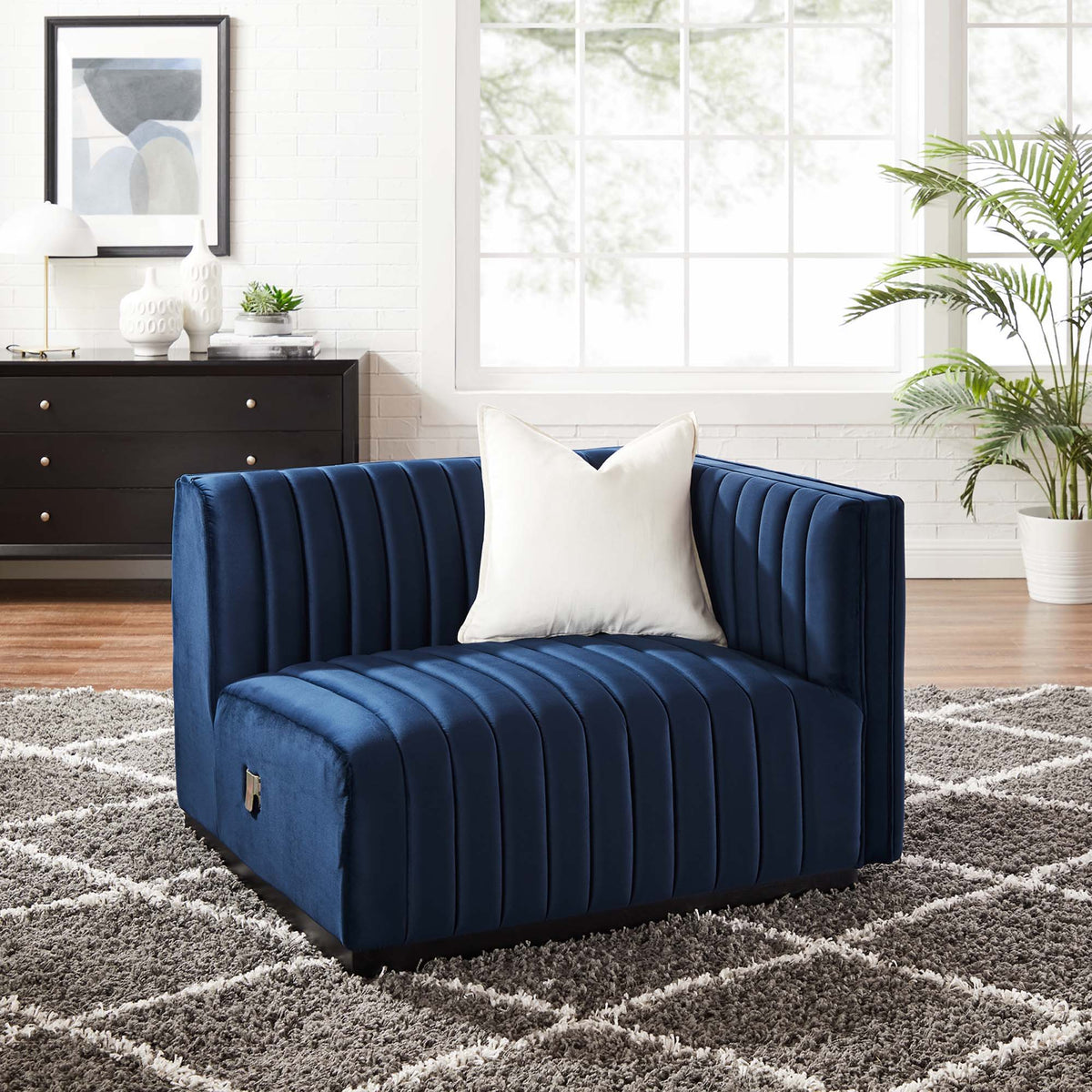 Conjure Channel Tufted Performance Velvet Right-Arm Chair - Black Midnight Blue