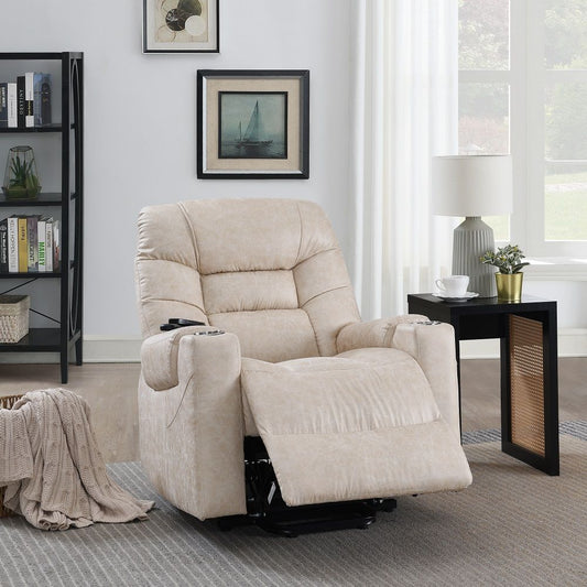 Nairi - Power Recliner With Lift, Heating & Massage - Ivory Polished Microfiber