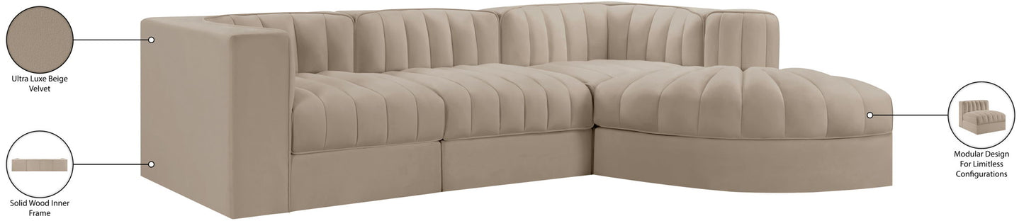 Rummi - Velvet Performance Fabric Upholstered 4 Piece Modular Sectional, With Reverse Corner Chair