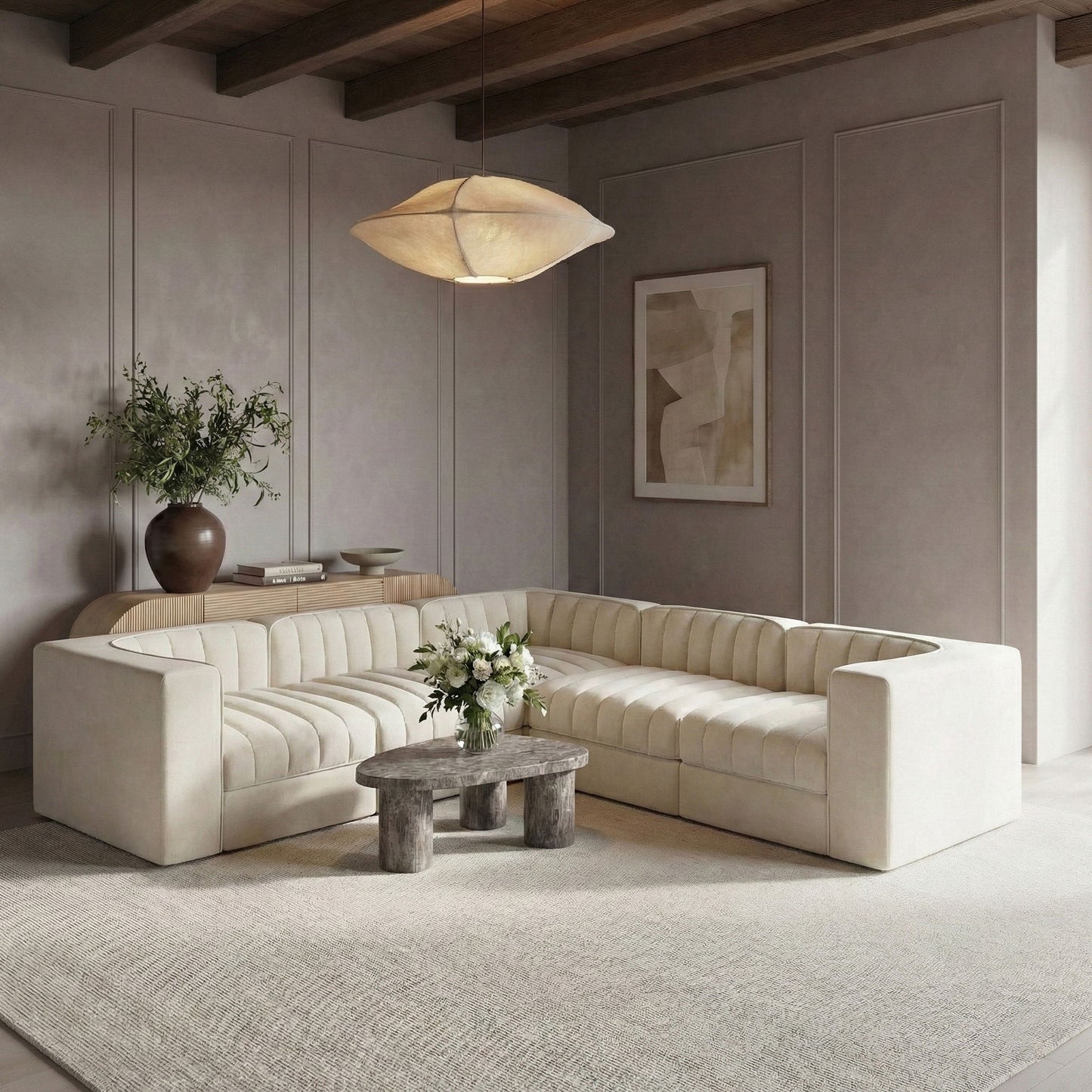 Rummi - Symmetrical Velvet Performance Fabric Upholstered 5 Piece Modular Sectional