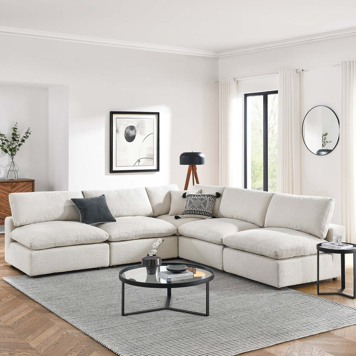 Commix Down Filled Overstuffed Boucle Fabric 5-Piece Sectional Sofa - Ivory