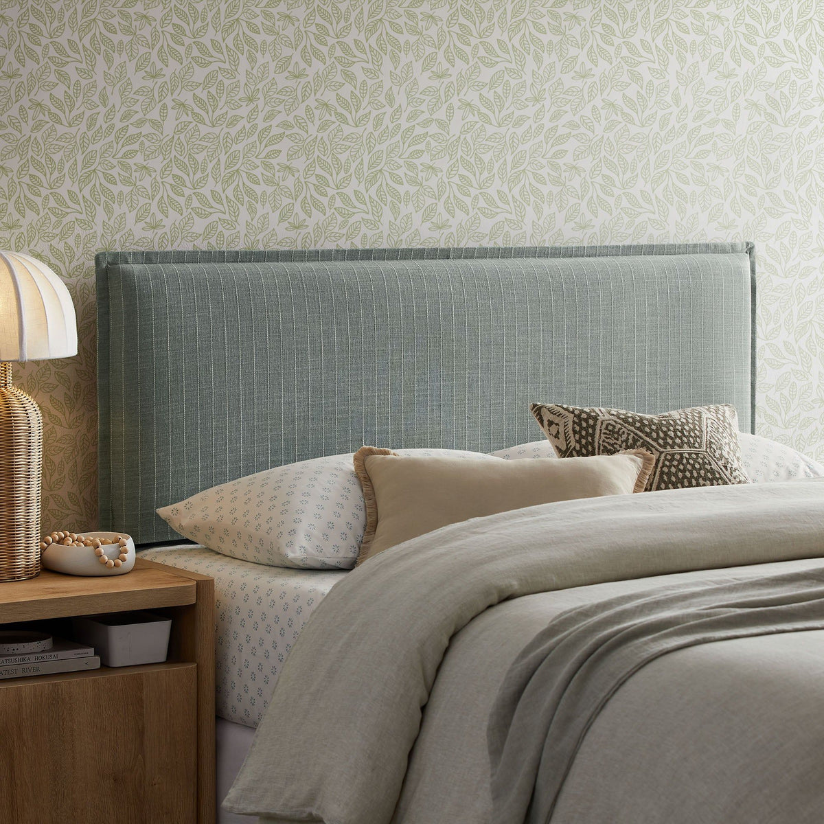 Camille Striped Linen Blend Headboard - King, Spa Blue Stripe