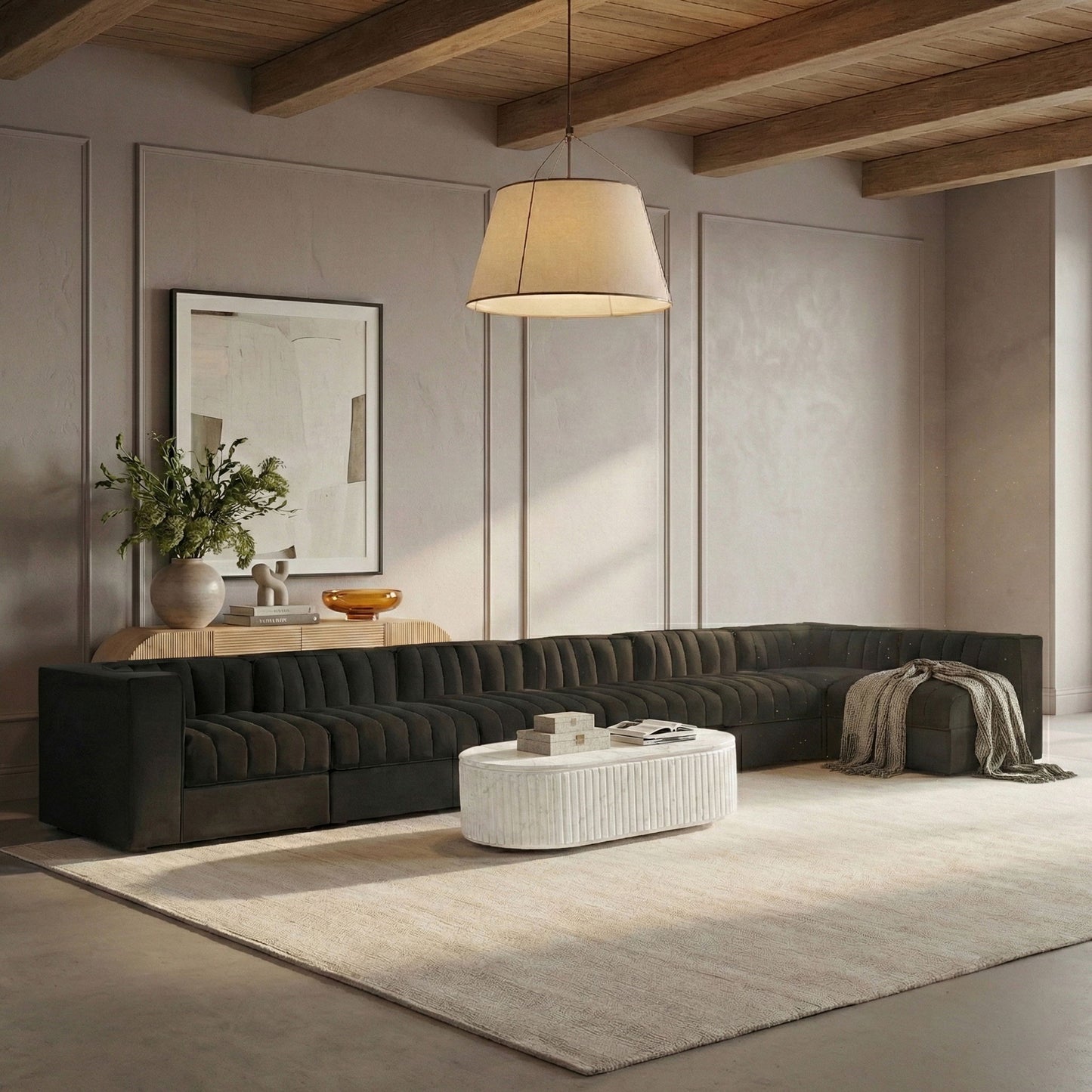 Rummi - Velvet Performance Fabric Upholstered 7 Piece Modular Sectional, L-Shaped (Right)