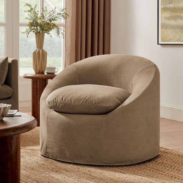Sadie Slipcovered Linen-Blend Round Accent Chair - Almond