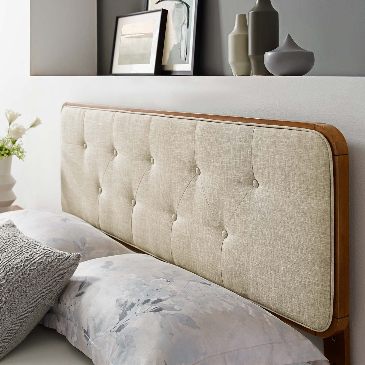Collins Tufted Fabric and Wood Headboard - Full, Walnut Beige