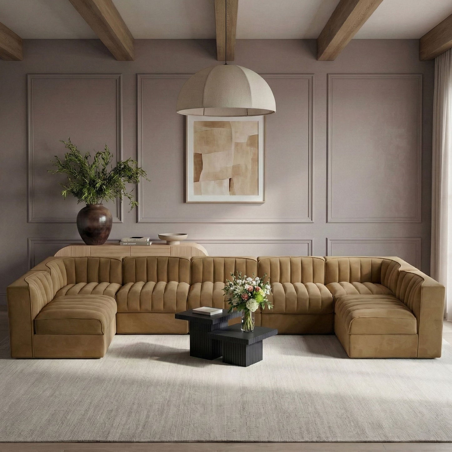 Rummi - Velvet Performance Fabric Upholstered 7 Piece Modular Sectional (With 2 Corner Chairs)