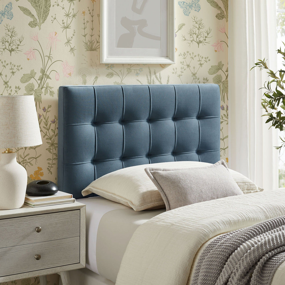 Lily Biscuit Tufted Performance Velvet Headboard - Twin, Cadet Blue