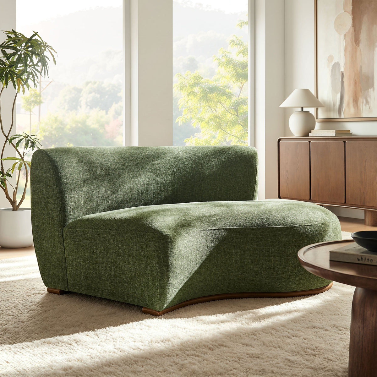 Rialta Curved Right-Arm Slub Weave Fabric Sectional Loveseat - Foliage