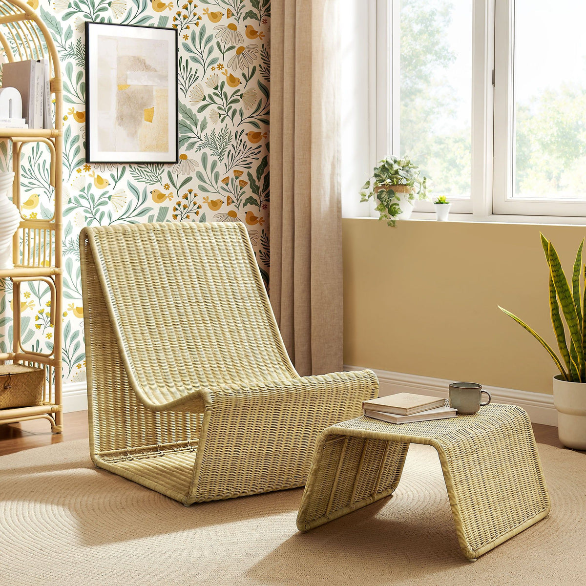 Eira 2 Piece Continuous Curved Natural Rattan Lounge Chair and Ottoman Set - Natural Rattan