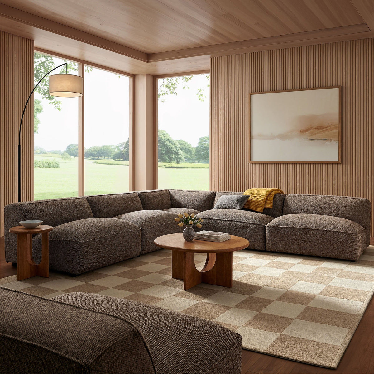 Auren 5 Piece Lattice Boucle Upholstered Modular Corner Sectional - Earth