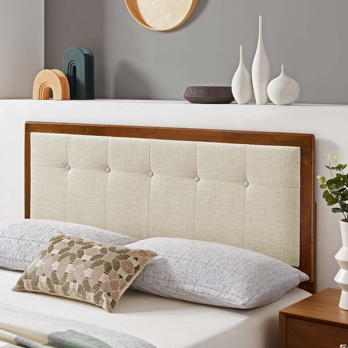 Draper Tufted Fabric and Wood Headboard - Queen, Walnut Beige