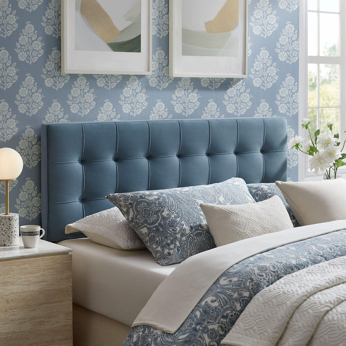 Lily Biscuit Tufted Performance Velvet Headboard - Full, Cadet Blue