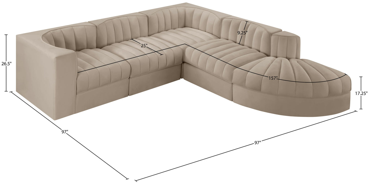 Rummi - Velvet Performance Fabric Upholstered 5 Piece Modular Sectional