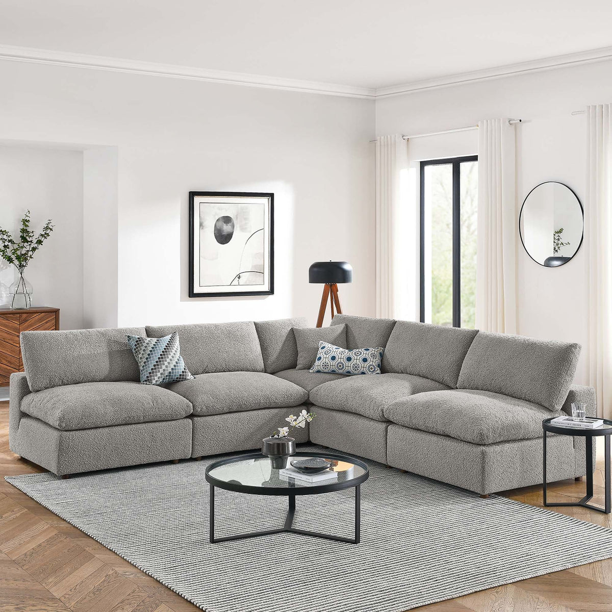Commix Down Filled Overstuffed Boucle Fabric 5-Piece Sectional Sofa - Light Gray