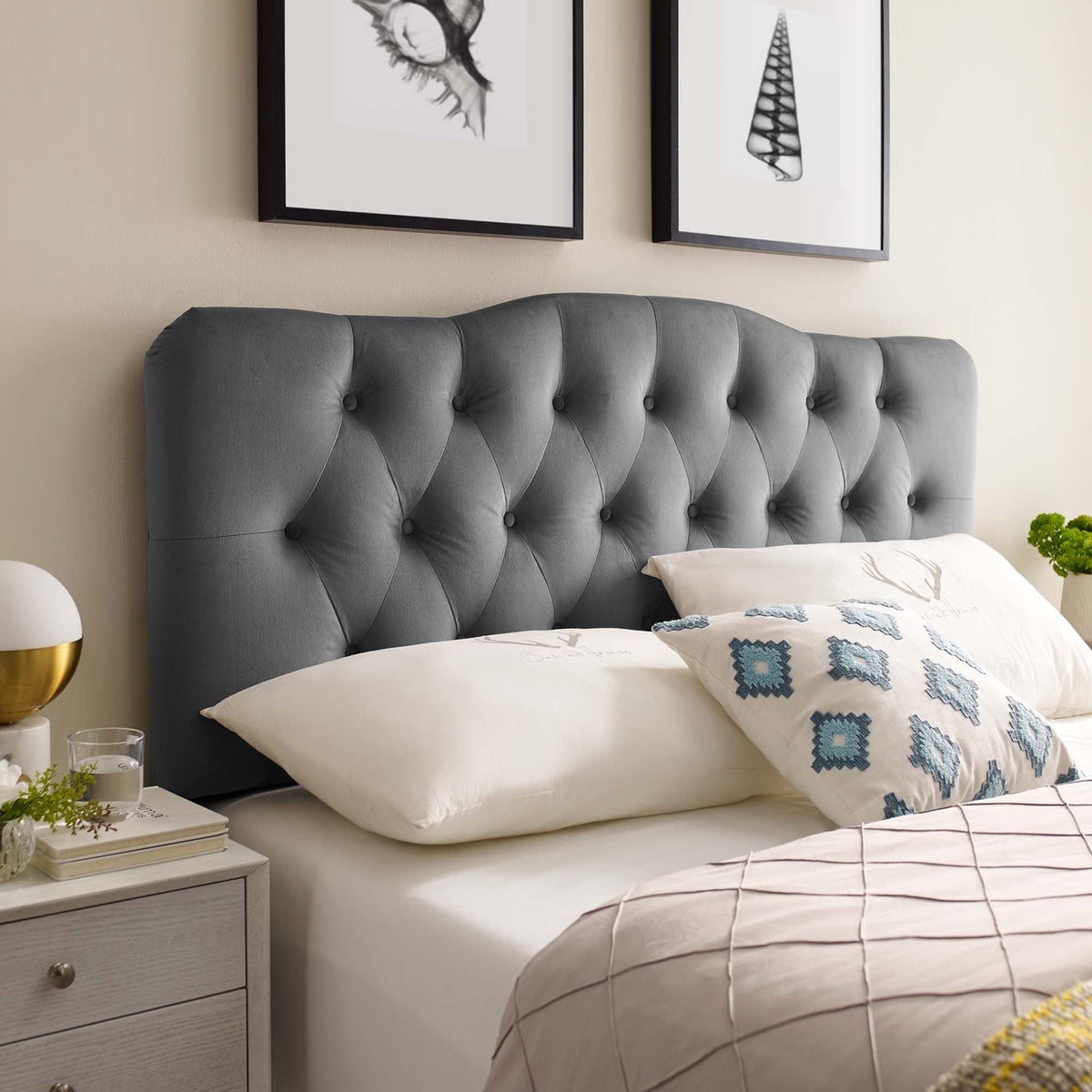 Annabel Diamond Tufted Performance Velvet Headboard - King, Gray