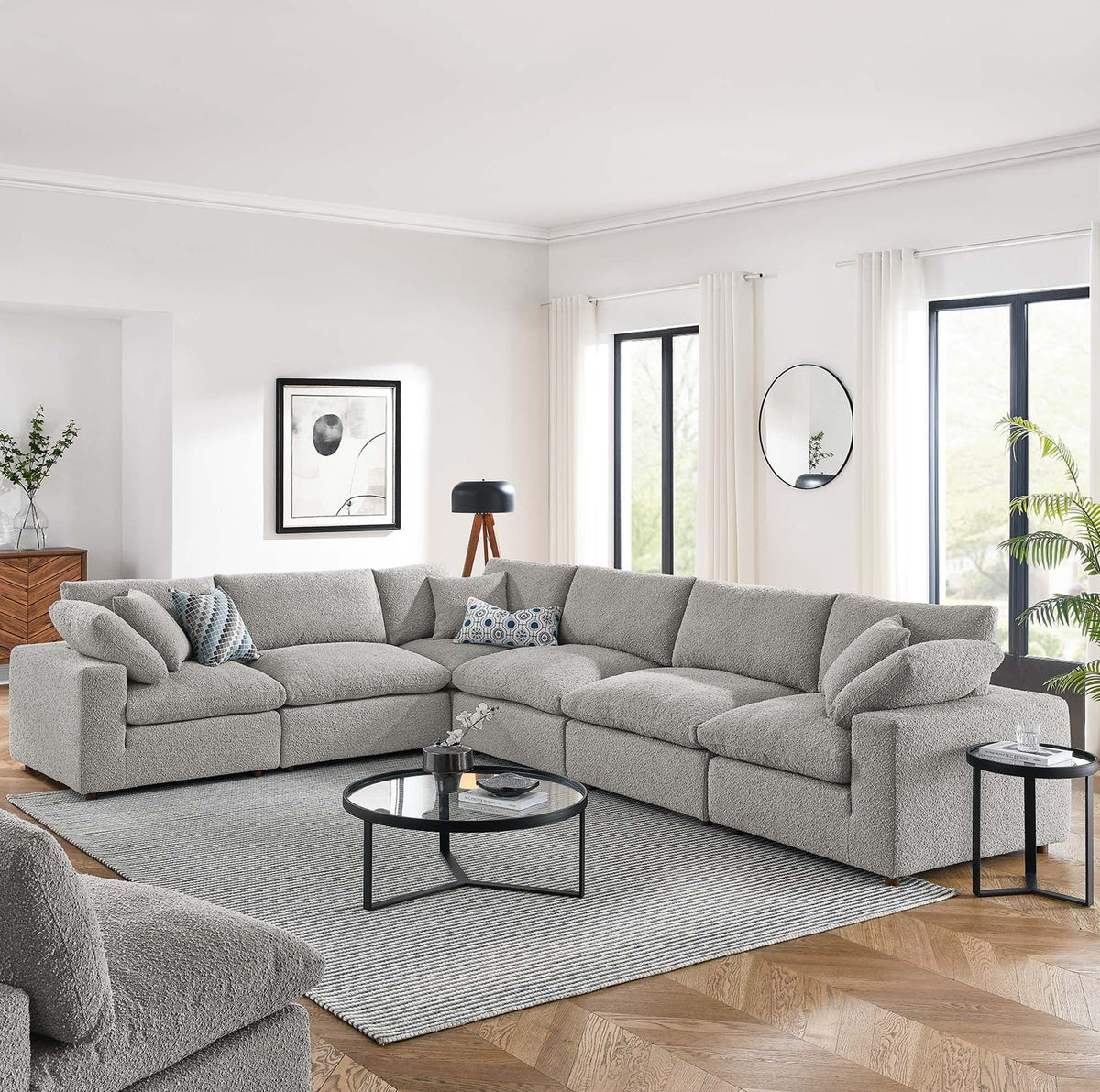 Commix Down Filled Overstuffed Boucle Fabric 6-Piece Sectional Sofa - Light Gray
