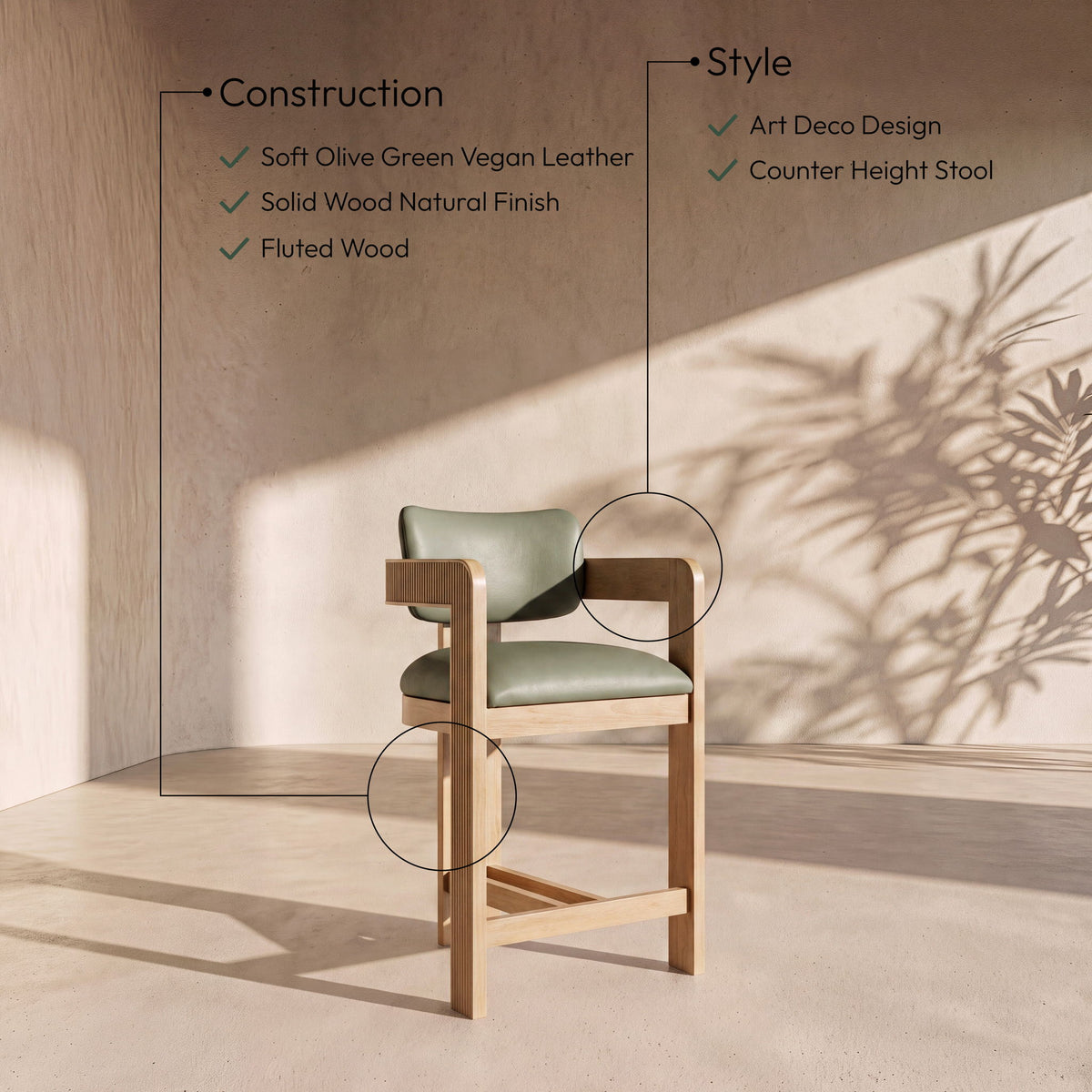 Sacha - Vegan Leather Upholstered Counter Stool With Natural Base