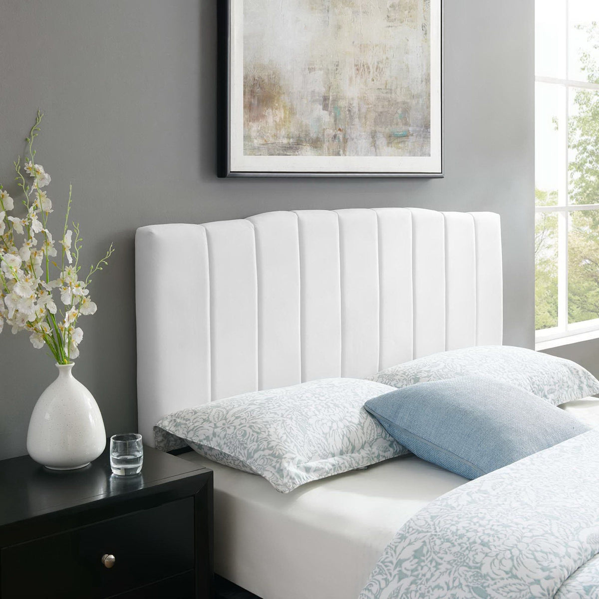 Camilla Channel Tufted Performance Velvet Headboard - Full/Queen, White