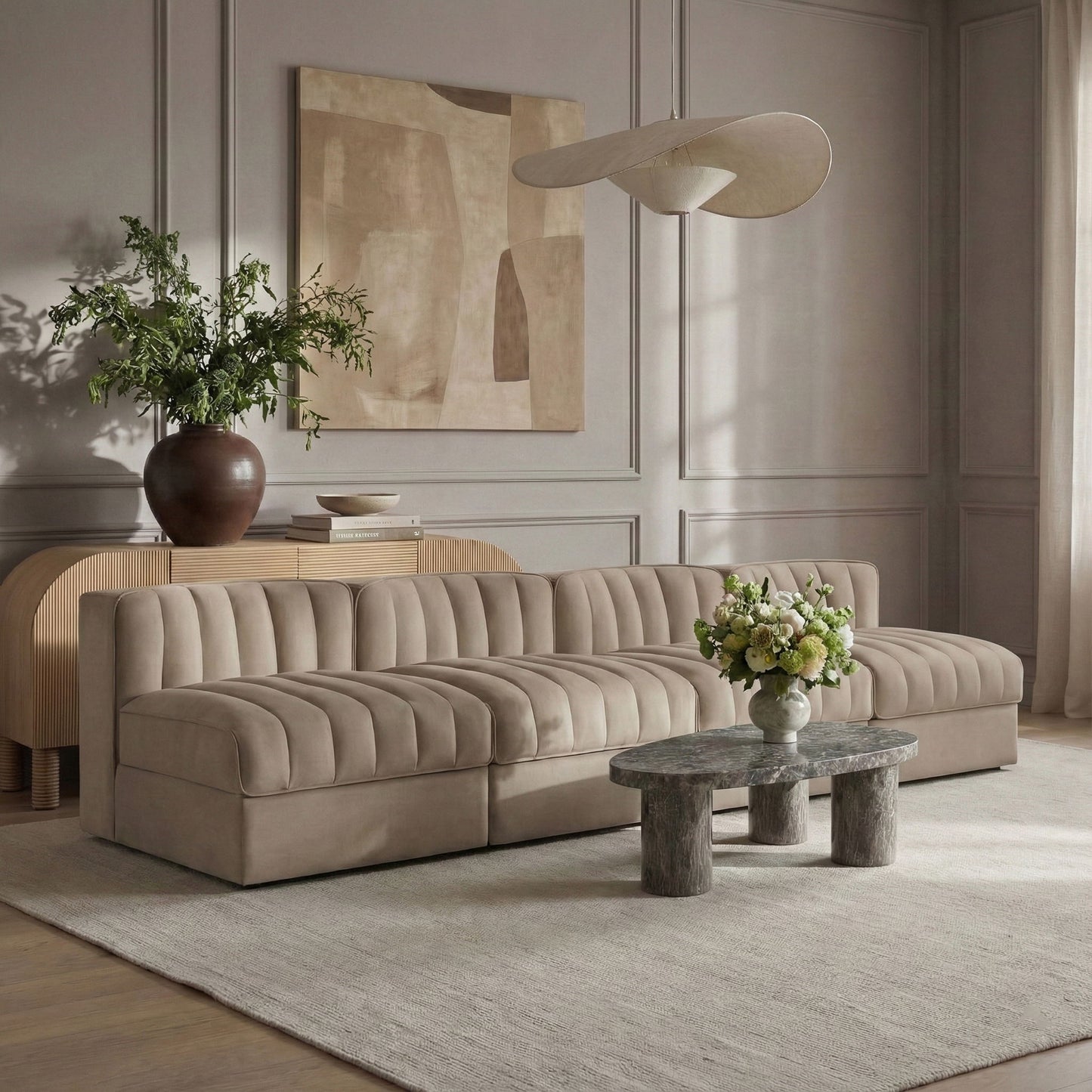 Rummi - Armless Velvet Performance Fabric Upholstered 4 Piece Modular Sofa