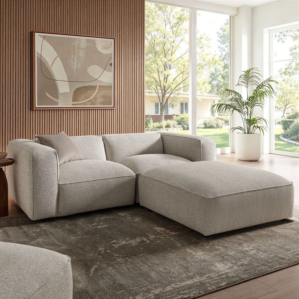 Auren 3 Piece Lattice Boucle Upholstered Modular Loveseat with Ottoman - Fog