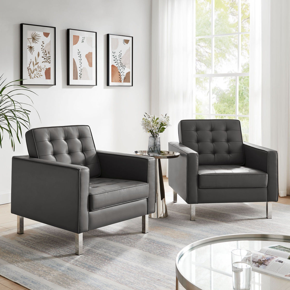 Loft Tufted Vegan Leather Armchairs - Set of 2 - Silver Gray
