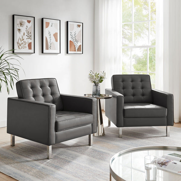 Loft Tufted Vegan Leather Armchairs - Set of 2 - Silver Gray