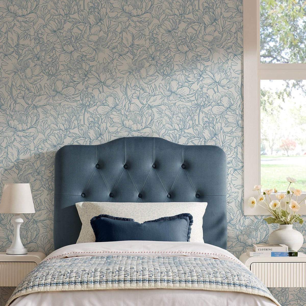 Annabel Diamond Tufted Performance Velvet Headboard - Twin, Cadet Blue
