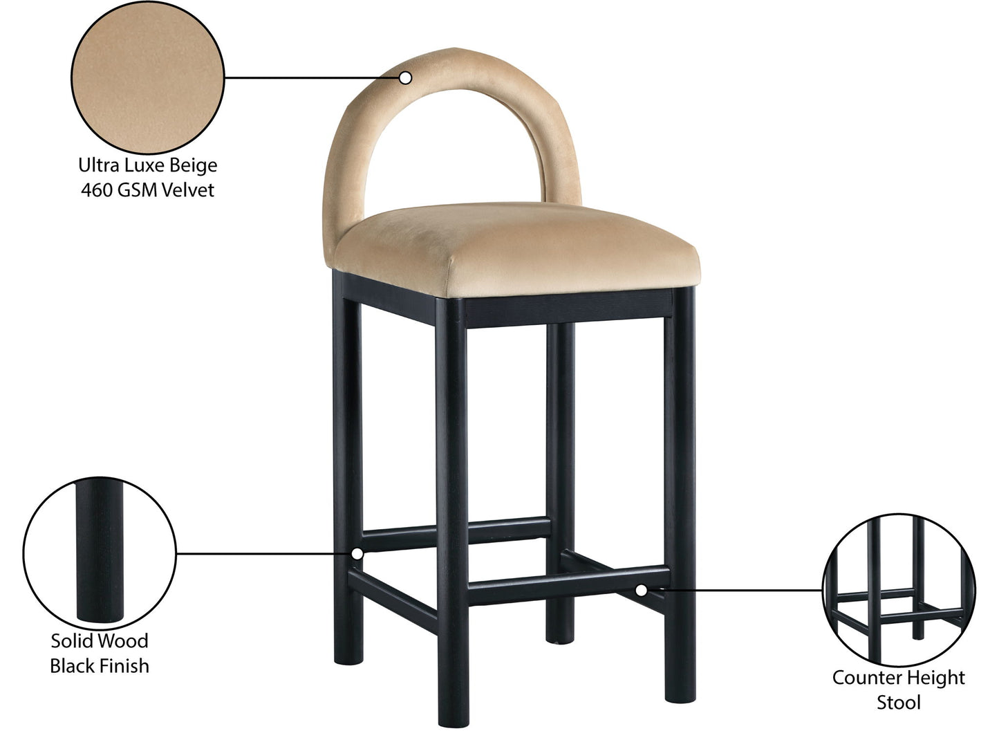Conrad - Velvet Counter Stool With Black Legs