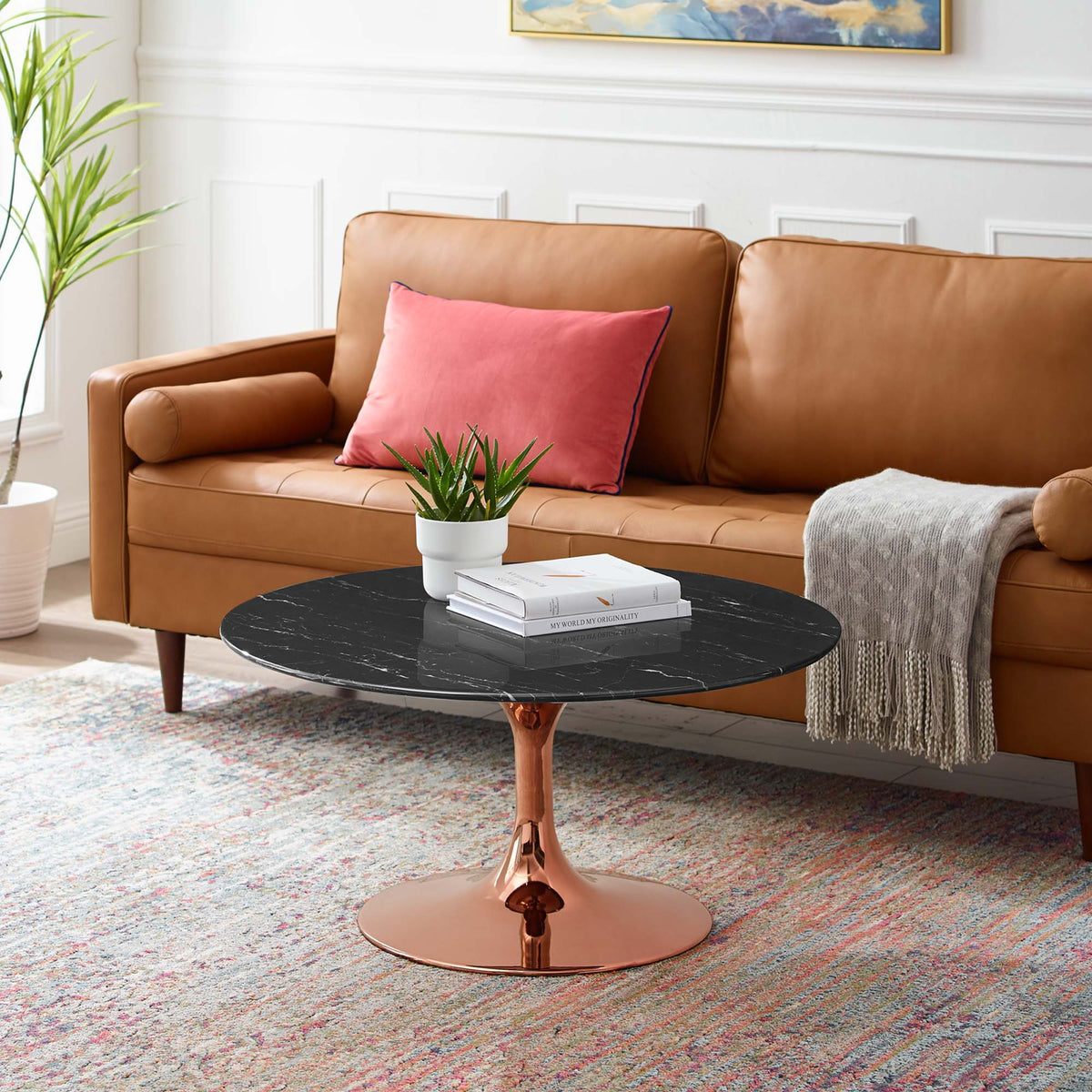 Lippa Round Artificial Marble Coffee Table - 36", Rose Black