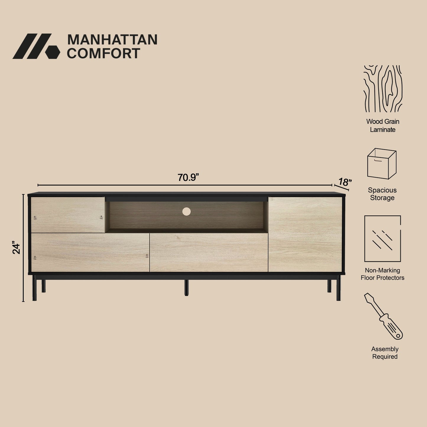 Arvon - 71" TV Stand With Metal Legs - Black and Natural
