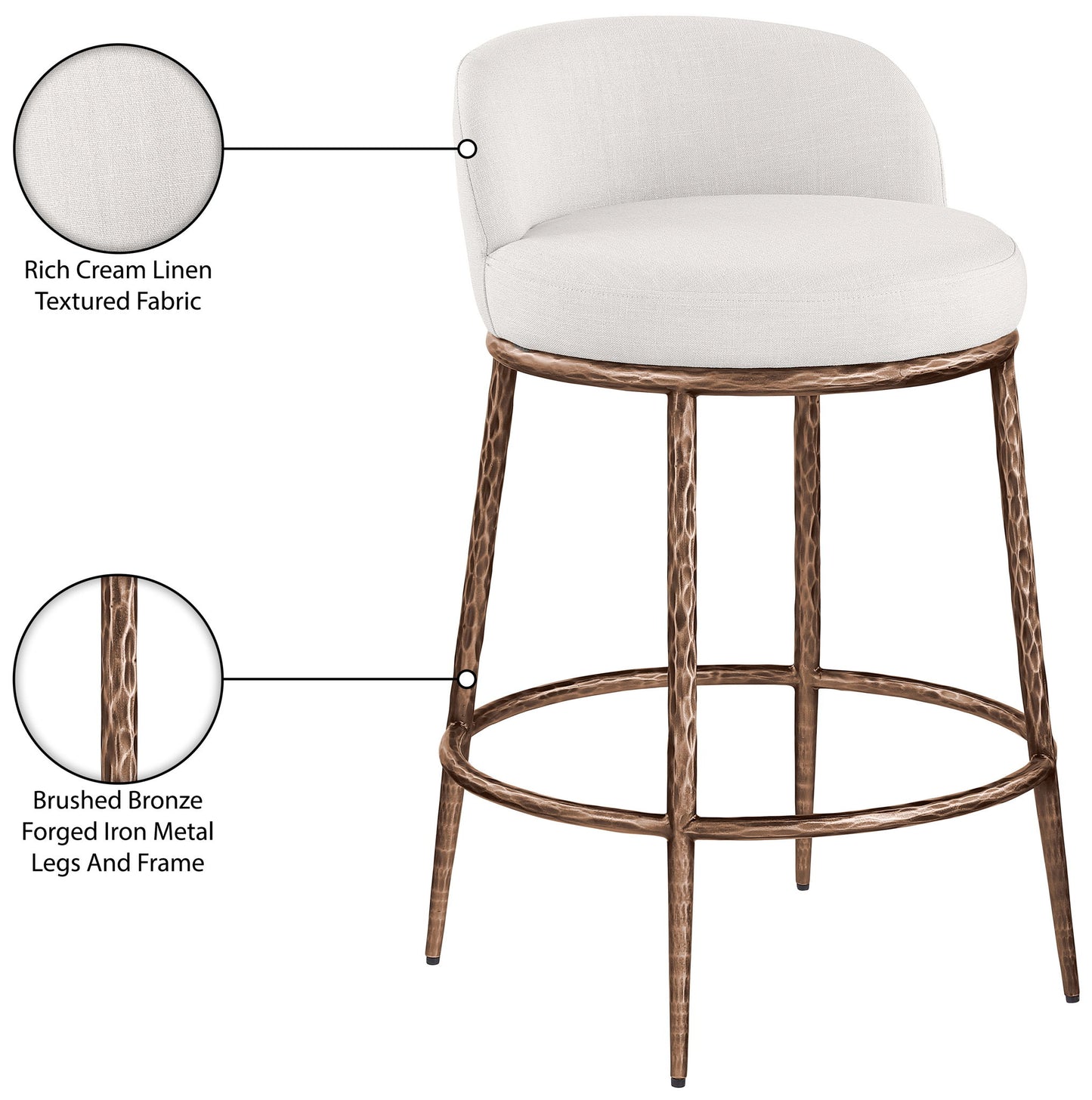 Ferro - Linen Textured Performance Fabric Upholstered Counter Stool - Cream / Brushed Bronze